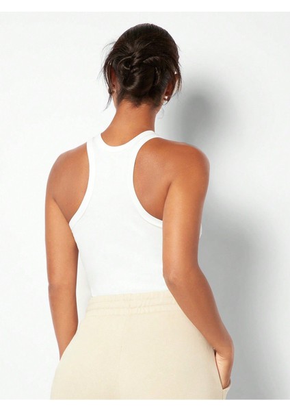 Beyaz Renk Halter Yaka Düz Desensiz Likralı Fitilli Kaşkorse Regular Fit Bluz