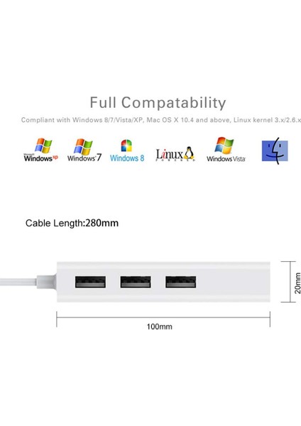 USB To RJ45 Ethernet + USB 3 Port Hub Çoklayıcı
