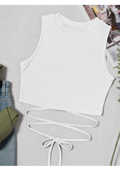 Beyaz Renk Bisiklet Yaka Düz Desensiz Likralı Ipli Fitilli Kaşkorse Crop Top Bluz