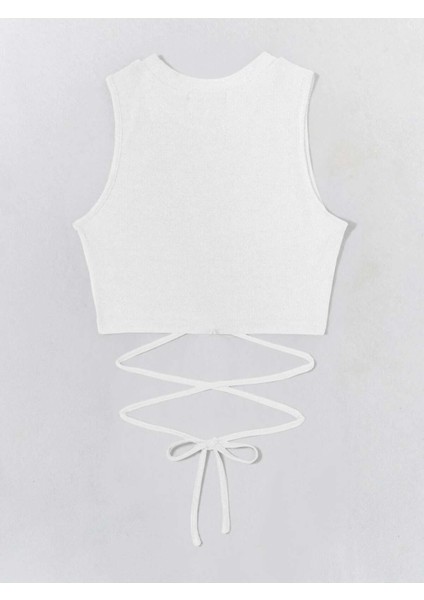 Beyaz Renk Bisiklet Yaka Düz Desensiz Likralı Ipli Fitilli Kaşkorse Crop Top Bluz