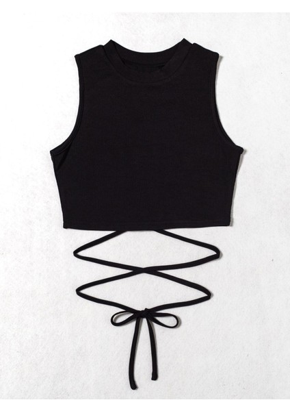 Siyah Renk Bisiklet Yaka Düz Desensiz Likralı Ipli Fitilli Kaşkorse Crop Top Bluz