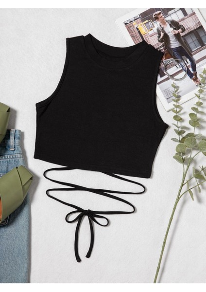 Siyah Renk Bisiklet Yaka Düz Desensiz Likralı Ipli Fitilli Kaşkorse Crop Top Bluz