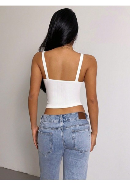 Beyaz Renk Kalın Askılı Düz Desensiz Likralı Fitilli Kaşkorse Crop Top Bluz fiyatları