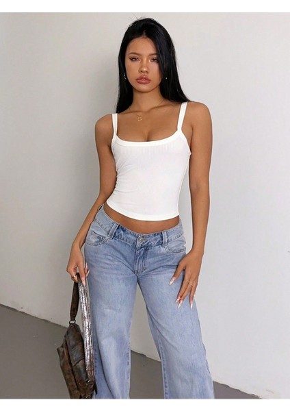 Beyaz Renk Kalın Askılı Düz Desensiz Likralı Fitilli Kaşkorse Crop Top Bluz fırsatları