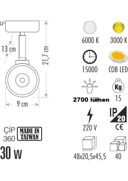 Cata CT-5314G 30W Karina LED Armatür Gün Işığı Beyaz Işık 3200K Ev Ofis Siyah Kasa Ray Spot Aydınlatma Lamba