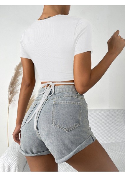 Beyaz Renk Bisiklet Yaka Düz Desensiz Likralı Ipli Fitilli Kaşkorse Crop Top Kısa Kollu Bluz fiyatları