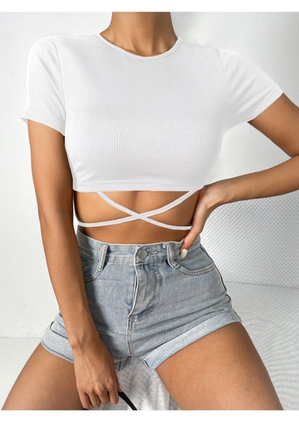 Beyaz Renk Bisiklet Yaka Düz Desensiz Likralı Ipli Fitilli Kaşkorse Crop Top Kısa Kollu Bluz indirimleri