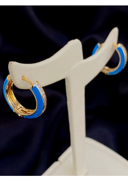 Şerit Taşlı ve Renkli Mineli Gold Halka Küpe