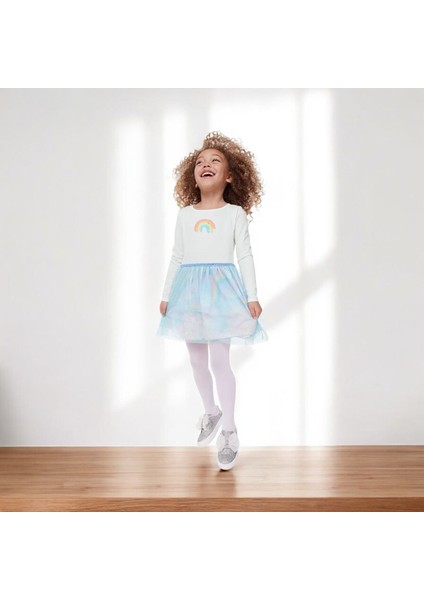 Ayloş Butik Gökkuşağı Baskılı Eteği Simli Kız Çocuk Elbise