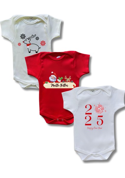 Kısa Kollu 3lü Yılbaşı Baskılı Renkli Organik Pamuk Alttan Çıtçıtlı Bebek Body&zıbın