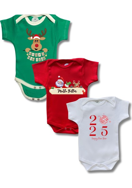 Kısa Kollu 3lü Yılbaşı Baskılı Renkli Organik Pamuk Alttan Çıtçıtlı Bebek Body&zıbın
