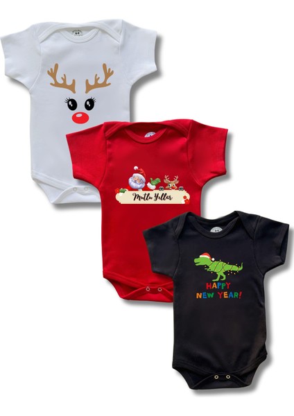Kısa Kollu 3lü Yılbaşı Baskılı Renkli Organik Pamuk Alttan Çıtçıtlı Bebek Body&zıbın