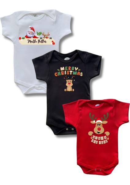 Kısa Kollu 3lü Yılbaşı Baskılı Renkli Organik Pamuk Alttan Çıtçıtlı Bebek Body&zıbın