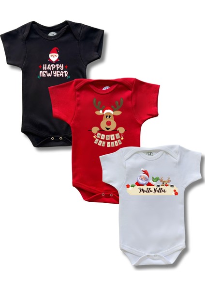 Kısa Kollu 3lü Yılbaşı Baskılı Renkli Organik Pamuk Alttan Çıtçıtlı Bebek Body&zıbın