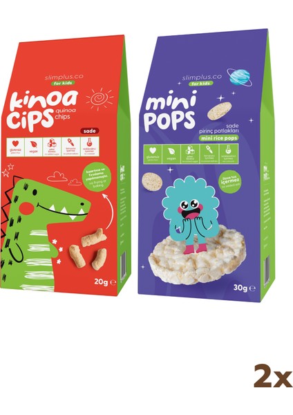 20G Sade Kinoa Cipsi For Kids Sevimli Dinozor ve 30G Mini Pops Pirinç Patlakları