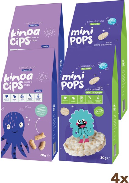 4\\\'lü Paket 20G Sade Kinoa Cipsi For Kids Bebek Ahtapot ve 30G Mini Pops Pirinç Patlakları