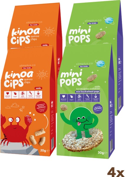 4 Paket 20G Sade Kinoa Cipsi For Kids Neşeli Yengeç ve 30G Mini Pops Karabuğday Patlakları