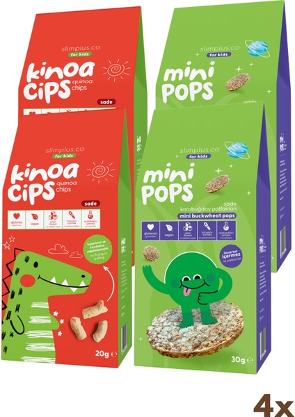 4 Paket 20G Sade Kinoa Cipsi For Kids Sevimli Dinozor ve 30G Mini Pops Karabuğday Patlakları