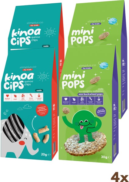 4 Paket 20G Sade Kinoa Cipsi For Kids Tatlı Fil ve 30G Mini Pops Karabuğday Patlakları