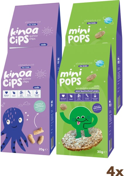 4 Paket 20G Sade Kinoa Cipsi For Kids Bebek Ahtapot ve 30G Mini Pops Karabuğday Patlakları