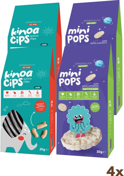 4\\\'lü Paket 20G Sade Kinoa Cipsi For Kids Tatlı Fil ve 30G Mini Pops Pirinç Patlakları