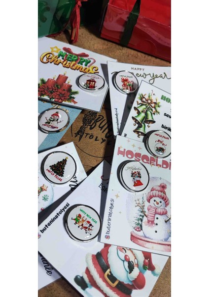 Yılbaşı Temalı Özel Tasarım Yaka Rozetleri,5 Adet Hediyelik,merry Christmas