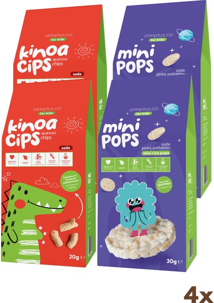 4\\\'lü Paket 20G Sade Kinoa Cipsi For Kids Sevimli Dinozor ve 30G Mini Pops Pirinç Patlakları