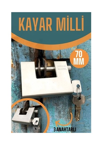 Çelik Kayar Milli Asma Kilit 70 mm 3 Anahtarlı