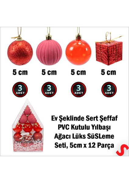 Yılbaşı Ağacı Lüks Süsleme Seti, 5 cm x 12 Parça