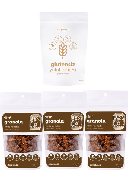 3 Paket Kakao Yer Fıstığı Glutensiz Ilave Şekersiz Vegan 100 gr Granola ve 500 gr Yulaf Ezmesi Paketi