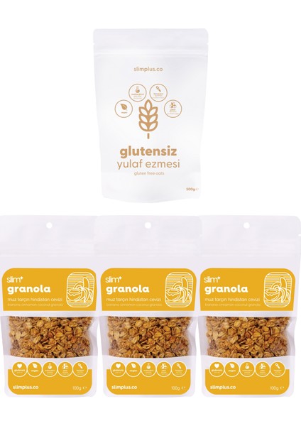 3 Paket Muz Tarçın Hindistan Cevizi Glutensiz Ilave Şekersiz Vegan 100 gr Granola ve 500 gr Yulaf Ezmesi Paketi