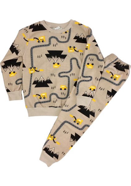 Erkek Çocuk Pamuklu Şardonlu Sütlü Kahve Yol Araba Desenli Uzun Kollu Pijama Takımı