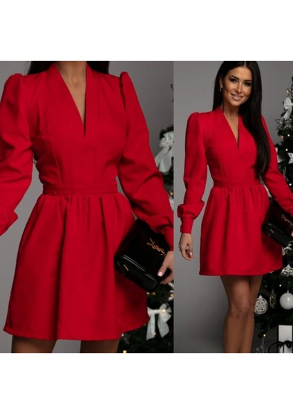 Byrmdyk Kadın Uzun Kollu V Yaka Belden Hafif Pileli Scuba Krep Mini Boy Elbise Byrnew fiyatları