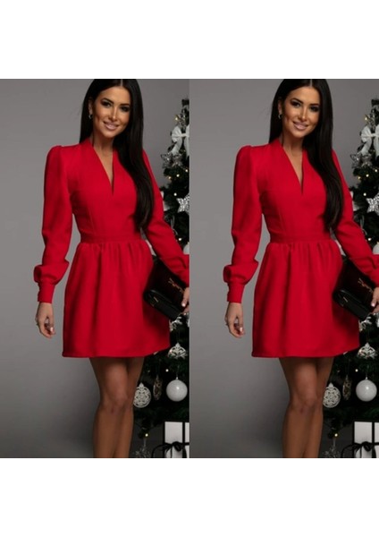 Byrmdyk Kadın Uzun Kollu V Yaka Belden Hafif Pileli Scuba Krep Mini Boy Elbise Byrnew modelleri