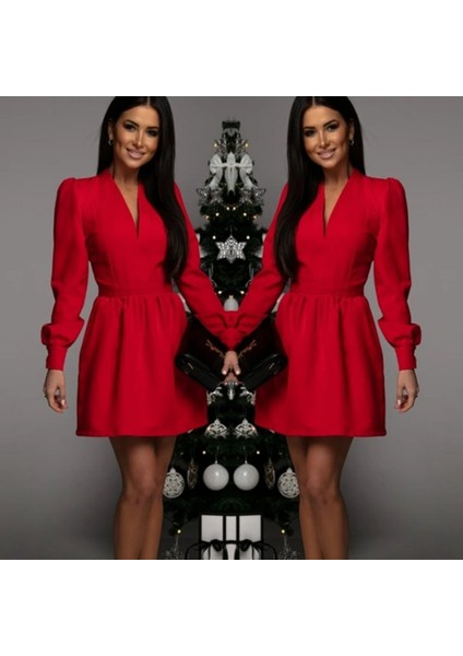 Byrmdyk Kadın Uzun Kollu V Yaka Belden Hafif Pileli Scuba Krep Mini Boy Elbise Byrnew fırsatları