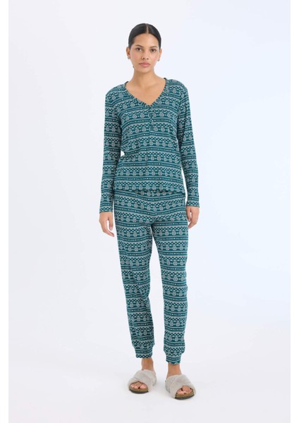 Fall in Love Pijama Takımı Waffle Kumaş Uzun Kollu Üst Esnek Belli Uzun Alt D2284AX24WN