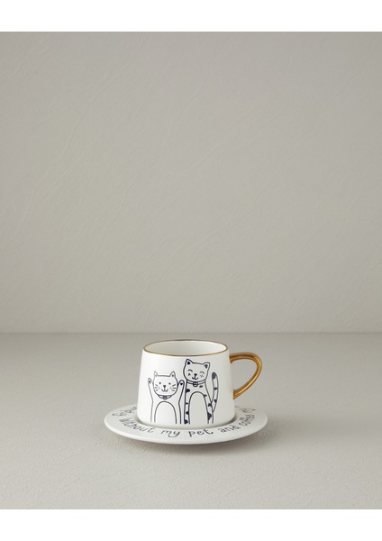 English Home Cute Cat New Bone China 2 Parça 1 Kişilik Çay Fincanı Takımı 320 ml Siyah-Gold