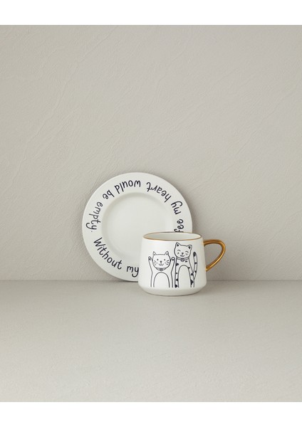 English Home Cute Cat New Bone China 2 Parça 1 Kişilik Çay Fincanı Takımı 320 ml Siyah-Gold