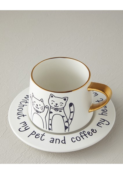 English Home Cute Cat New Bone China 2 Parça 1 Kişilik Çay Fincanı Takımı 320 ml Siyah-Gold