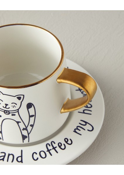 English Home Cute Cat New Bone China 2 Parça 1 Kişilik Çay Fincanı Takımı 320 ml Siyah-Gold