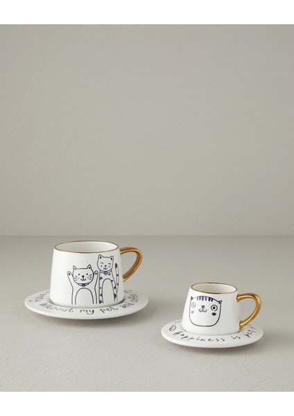 English Home Cute Cat New Bone China 2 Parça 1 Kişilik Çay Fincanı Takımı 320 ml Siyah-Gold