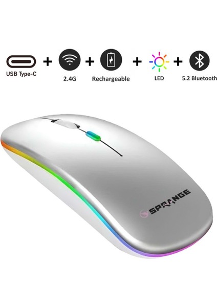 Kablosuz Mouse Bluetooth – Şarjlı, Type-C, Ergonomik, 500 Mah, 800/1200/1600 Dpı, LED Işık