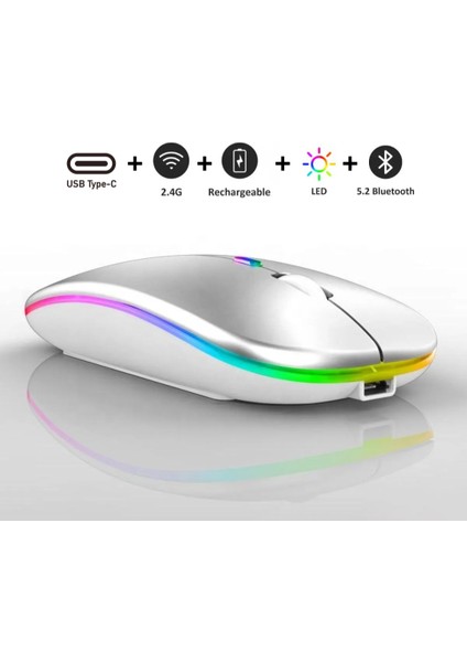 Kablosuz Mouse Bluetooth – Şarjlı, Type-C, Ergonomik, 500 Mah, 800/1200/1600 Dpı, LED Işık