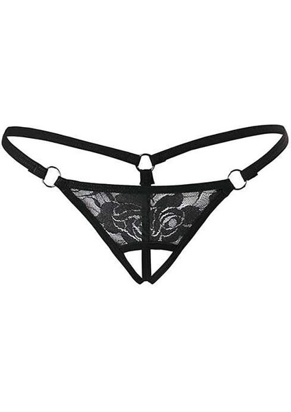 Siyah Dantelli Özel Bölgesi Açık G-String TM1167