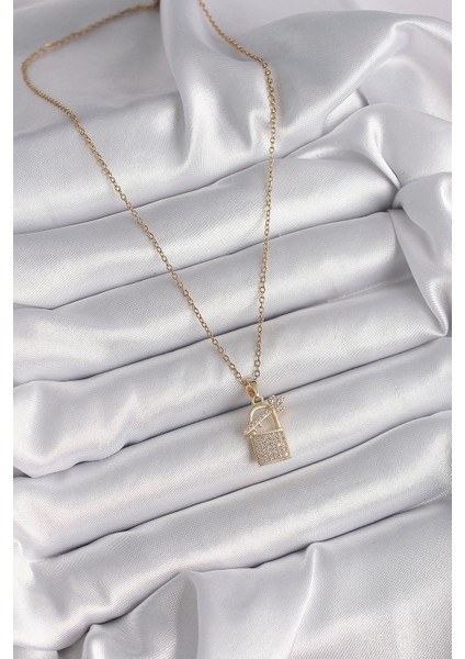 Gold Renk Zincir Zirkon Taşlı Asma Kilit Anahtar Model Kadın Kolye - EBJ241214W29939