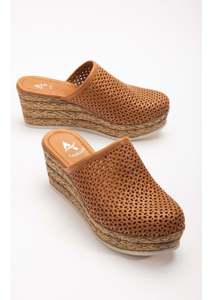 Kadın Hakiki Deri Önü Kapalı Dolgu Topuk Terlik Taba modelleri