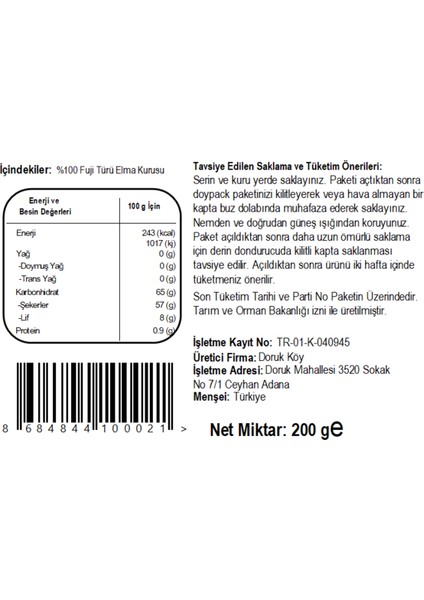 Elma Kurusu - Doruk Köy Kurutulmuş Elma Dilimleri - 200 gr fiyatları