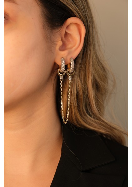 Gold Ikili Zincir Detaylı Zirkon Taşlı Küpe fiyatları