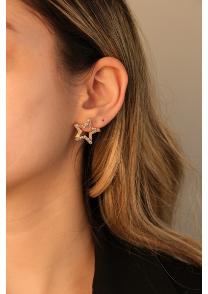 Gold Zirkon Taşlı Yıldız Küpe