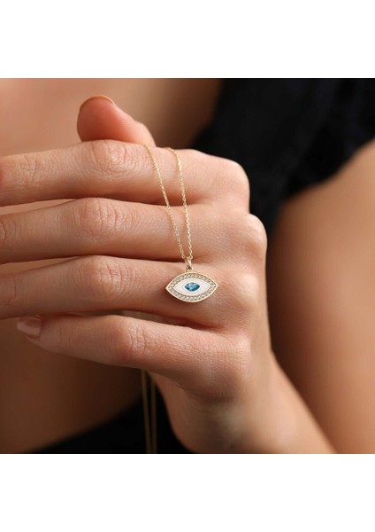 Aqua Taşlı Altın Göz Kolye Beyaz Mine fiyatları